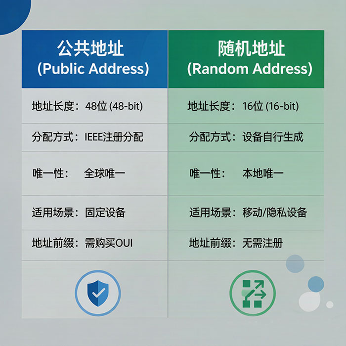 BLE蓝牙公共地址与随机地址对比信息图,展示两者在长度、分配方式、唯一性等方面的差异 BLE蓝牙公共地址与随机地址对比信息图,展示两者在长度、分配方式、唯一性等方面的差异